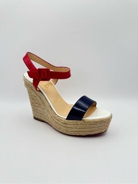 Christian Louboutin Red White Blue Patent Espadrille Platform Wedge Sandal EU 37